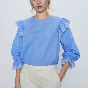 Zara Cotton Blouse Eyelit Ruffle Embroidered Details Long Sleeve Women's XS